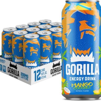 Gorilla Energy Drink, Mango Coconut, 200mg Natural Caffeine, Real Fruit Juice Squeezed & Concentrated, L-Theanine, Taurine, Ginseng, Acetyl L-Carnitine, No Added Sugar and No Artificial Colors, 12