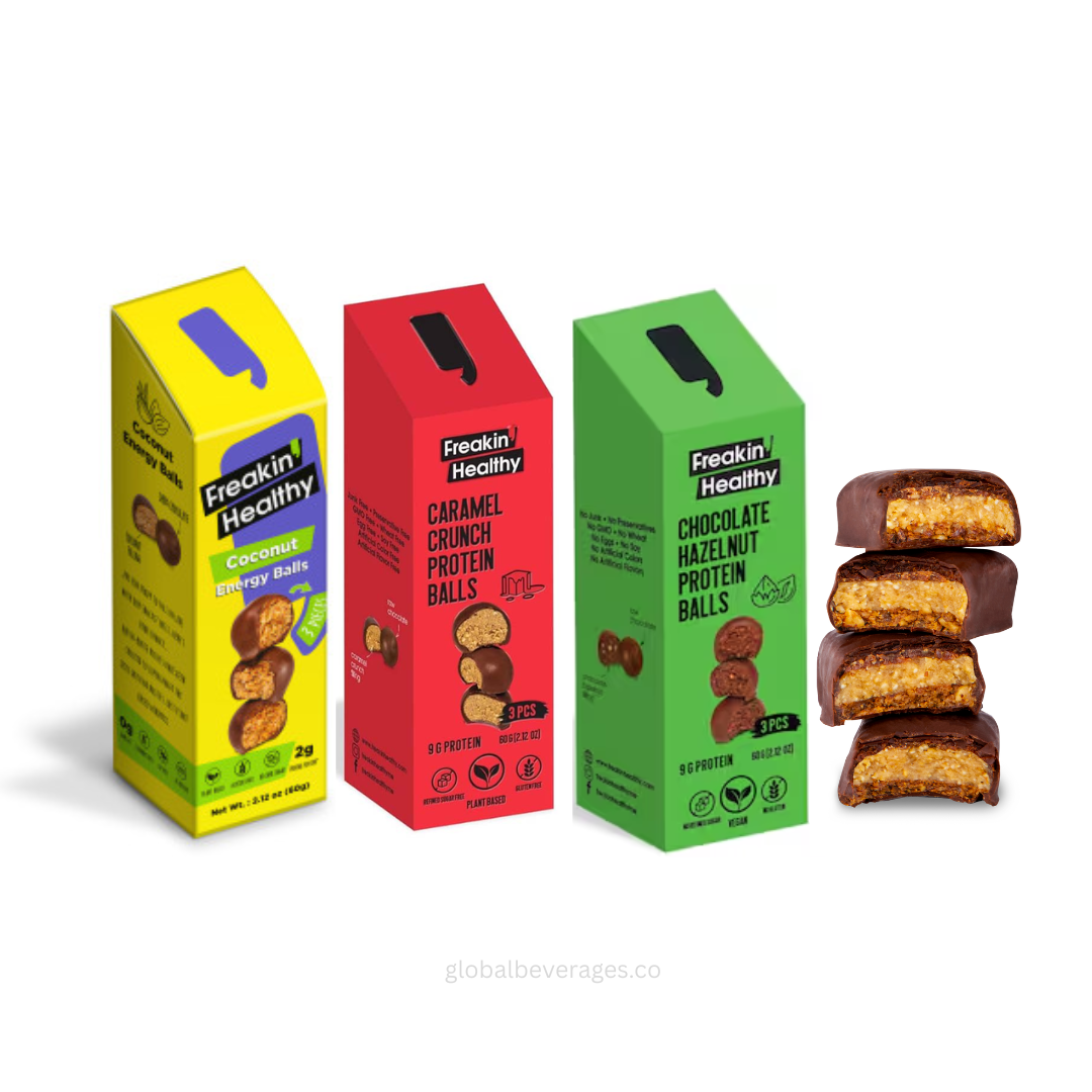 globalbeverages.co (6) Freakin Healthy Protein Energy Balls 10X60G PROTEIN BALLS RAW CHOCOLATE |PEANUT BUTTER | HAZELNUT | CARAMEL CRUNCH