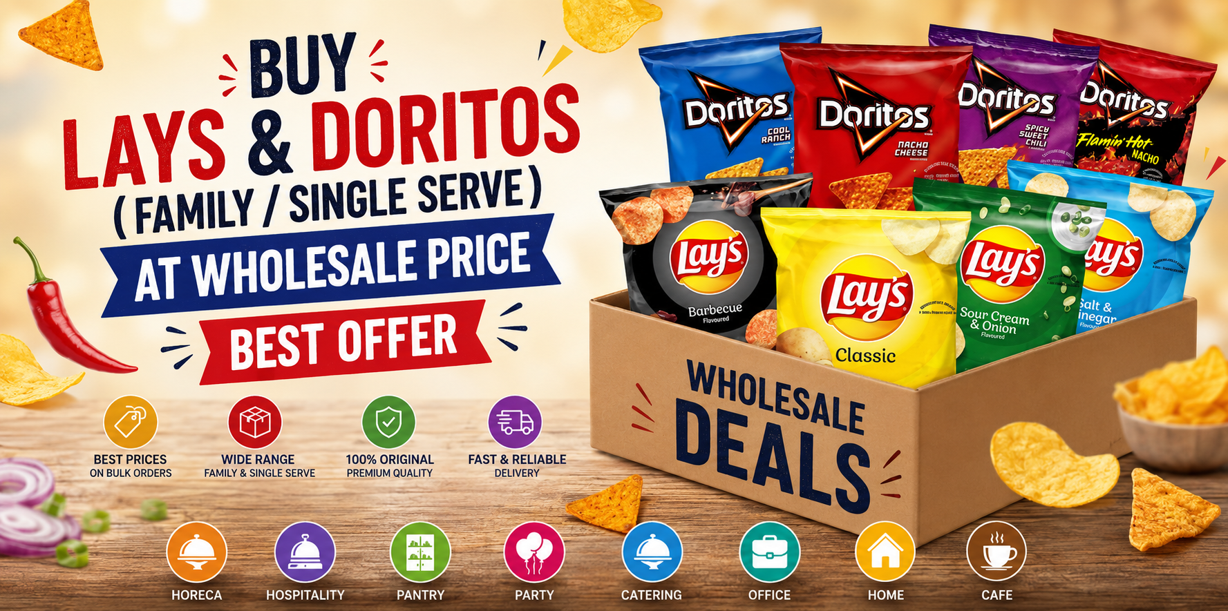 GLOBAL BEVERAGES HAVE lays stocks … Lays 155Gms X20 Salt Chilli Salt and Vinegar Ketchup French cheese Doritos 180gms X20 Sweet Chilli Nacho cheese